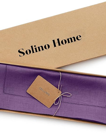 Solino Home Linen Placemats Set of 4 - Classic Hemstitch Purple Placemats 14 x 19 Inch - 100% Pure Linen Table Mats for Winter, Holiday, Christmas, New Year