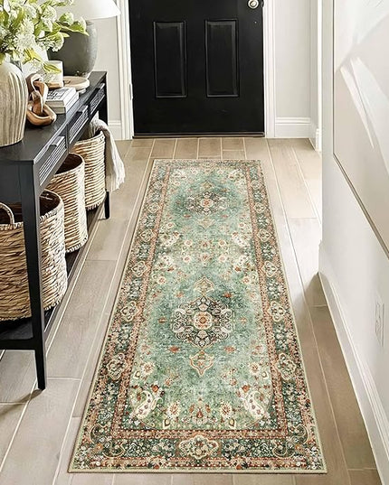 Washable Runner Rug 2x6,Green Rug Runners Non Slip,Long Boho Rugs for Hallways Kitchen Bedroom Entryway Living Room Bathroom,Vintage Bohemian Distressed Oriental Floor Carpet