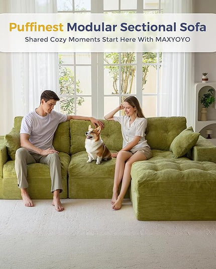 MAXYOYO 104" L Shaped Modular Sectional Sofa with Ottoman, Cloud Boneless Couch with Layered Cushion, Upholstered Sofa in a Box, Flexible Module Combination for Living Room, No Assembly, Green