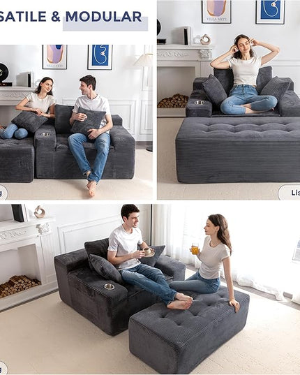 MAXYOYO Oversized Chaise Lounge Sofa, Upholstered Lounge Chair with 3 Pillows Indoor, Tufted Boneless Sofa Couch with Ottoman, Deep Seat Sleeper Chair for Living Room, Bedroom, No Assembly, Grey