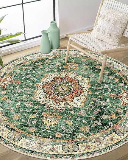 Green Round Rug 4ft,Circle Washable Area Rugs for Bedroom Bathroom Entryway Kitchen,Small Boho Vintage Bohemian Distressed Oriental Floral Carpet Non Slip,Retro Sage Floral
