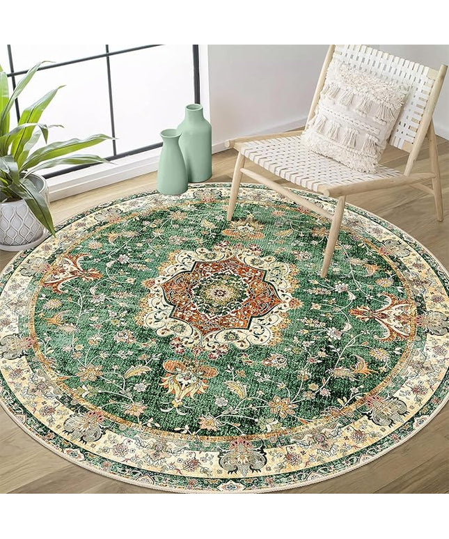 Green Round Rug 4ft,Circle Washable Area Rugs for Bedroom Bathroom Entryway Kitchen,Small Boho Vintage Bohemian Distressed Oriental Floral Carpet Non Slip,Retro Sage Floral