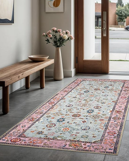 GLN Rugs Traditional Collection - Machine Washable Area Rug, Traditional Washable, Non Slip, Low Pile Chenille Rug, Living Room, Bedroom, Kitchen Rug (2'6"x10' Pink and Gray)