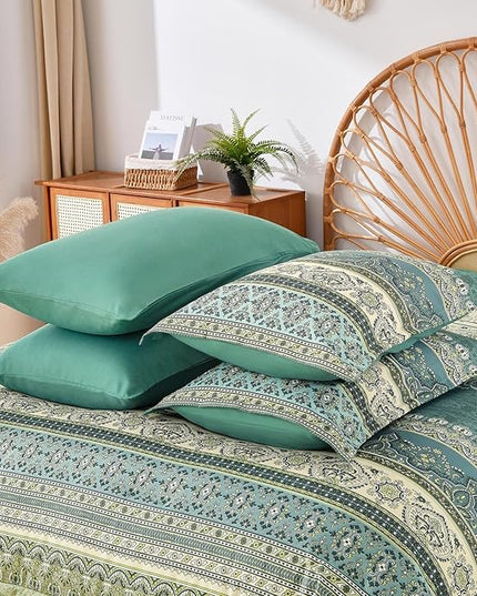 Cottolester Boho King Comforter Set 8 Pieces,Green Bohemian Comforter Paisley Striped Bed in A Bag,Soft Microfiber Bedding Set for All Season