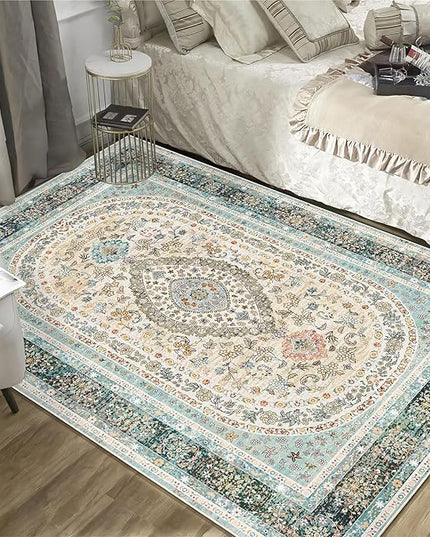 Blue Rug 4x6.5,Washable Area Rugs for Bedroom Living Room Kitchen Entryway,Small Boho Vintage Bohemian Distressed Oriental Non Slip Carpet,Floral