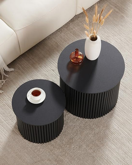 Small Fluted Round Nesting Coffee Table Set of 2, Mid Century Modern Coffee Table Circle Side Table, Wood Nesting Table Farmhouse End Tables Set for Living Room, Bedroom, Small Spaces(Black