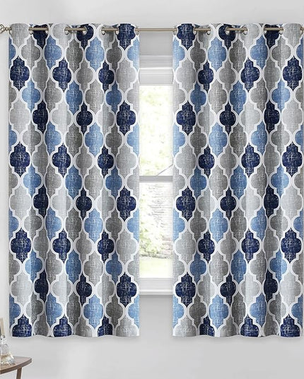 Beauoop 100% Blackout Curtains 54 Inches Long 2 Panels for Bedroom Living Room Blue Grey Moroccan Geo Room Darkening Thermal Insulated Soundproof Grommet Top Window Treatments Drapes, 50x54 Set of 2