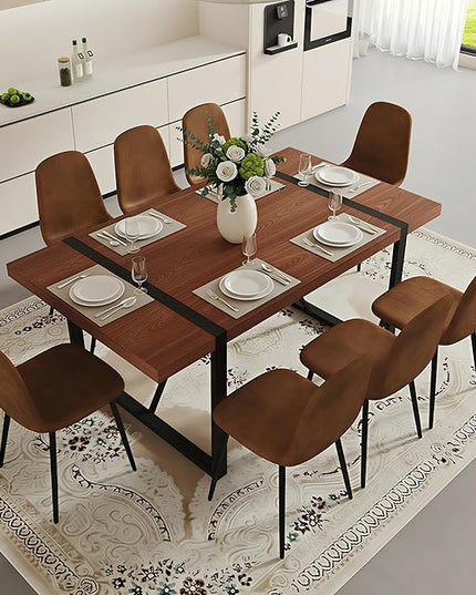 FURNITO Walnut Dining Table Set for 8, 71" Large Kitchen & Dining Room Table with 8 Suede Upholstered Chairs, Modern Rectangular Dining Room Table and Chairs Set for Home, Kitchen, or Living Room