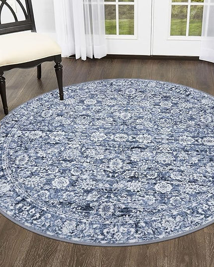 5' Round Rug Washable Rug for Entryway, Blue Soft Non-Slip Area Rugs Distressed Floral Low-Pile Carpet, Neutral Vintage Circle Rugs for Living Room Dining Bedroom Foyer