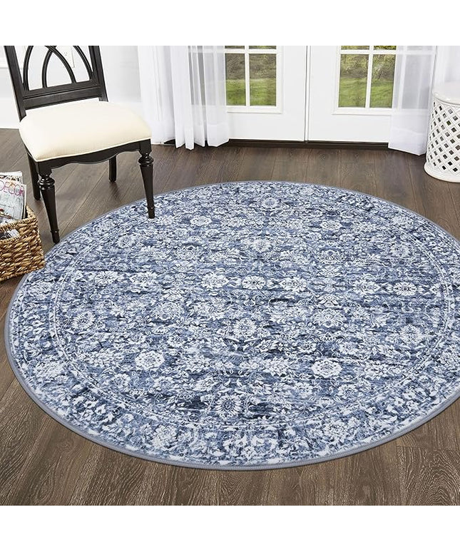 5' Round Rug Washable Rug for Entryway, Blue Soft Non-Slip Area Rugs Distressed Floral Low-Pile Carpet, Neutral Vintage Circle Rugs for Living Room Dining Bedroom Foyer