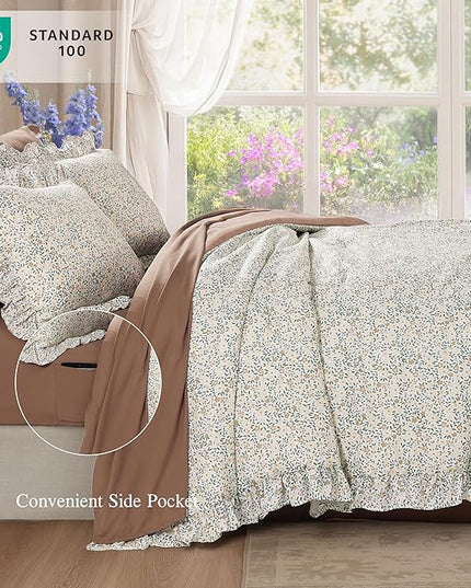 Queen Comforter Set - 7 Pieces Ruffle Beige Ditzy Bedding Sets, Shabby Chic Farmhouse Bed in a Bag Queen with Floral Comforter,Sheets, Pillowcases & Shams