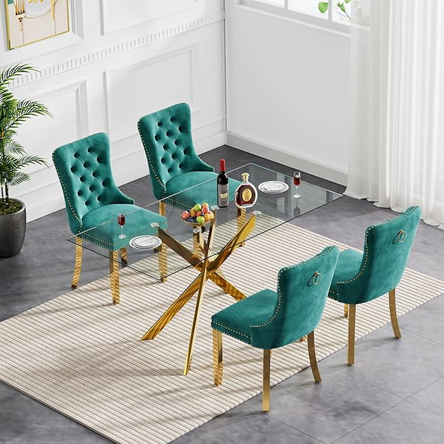 51" Glass Dining Table Set for 4, Modern Dining Room Table Set for 4, Gold X-Shape Pedestal Glass Table with 4pcs Green Dining Chairs, 5 Piece Dining Set for Dining Living Room
