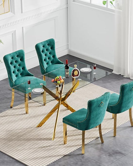60" Glass Dining Table Set for 4, Modern Dining Room Table Set for 4, Gold X-Shape Pedestal Glass Table with 4pcs Green Dining Chairs, 5 Piece Dining Set for Dining Living Room