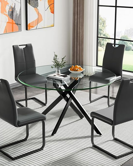 HomVent 5 Piece Round Glass Dining Table Set, Round Glass Kitchen Table Set for 4 with 4 PU Upholstered Dining Chairs for Kitchen Dining Room