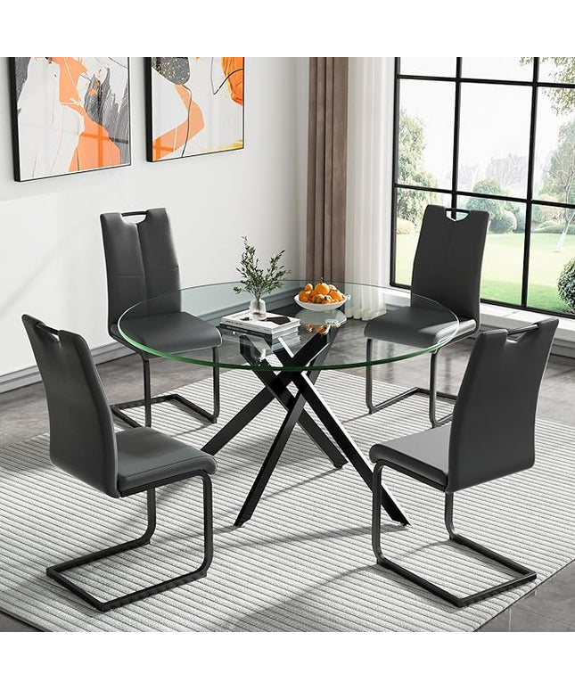 HomVent 5 Piece Round Glass Dining Table Set, Round Glass Kitchen Table Set for 4 with 4 PU Upholstered Dining Chairs for Kitchen Dining Room