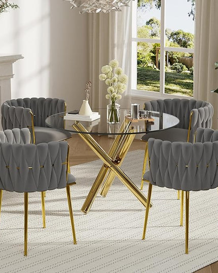 Modern Luxury Round Glass Dining Table Set for 4, 36'' Clear Circle Glass Top Kitchen Table Set, 5 PCS Small Minimalist Circular Dinner Room Set, Grey Woven Chair, for Apartment Home (Golden)
