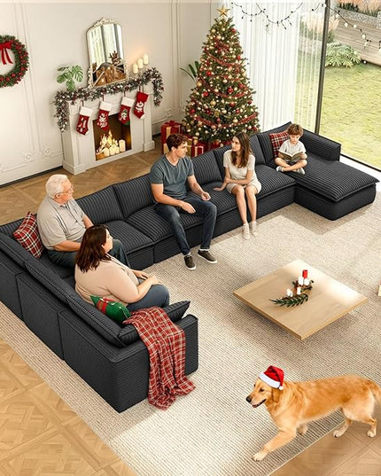 Vesgantti 141.7" U Shaped Sectional Boneless Couch, Modern 6 Seater Modular Sofa with Chaise & Ottoman, Deep Seat Plush Corduroy Cloud Couches for Living Room, No Assembly Required, Dark Gray