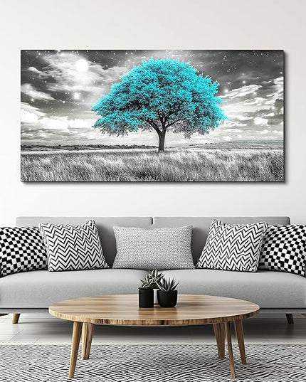 KELIYUAN Blue Tree Wall Artist Decorated Painting Full Of Stars Black And White Oil Painting Modern Print Canvas Aesthetics Living Room Decoration Bedroom Bathroom Office Wall Decoration 24 X 48 In