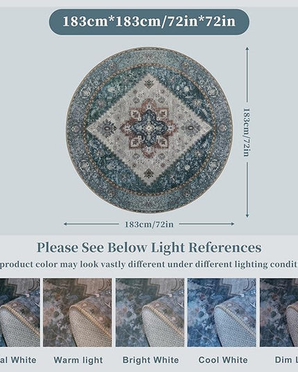 Ciicool Boho Circle Area Rug Washable 6x6ft Round Bedroom Rug Non-Slip Oriental Throw Rug Low-Pile Floor Carpet for Dining Room Living Room