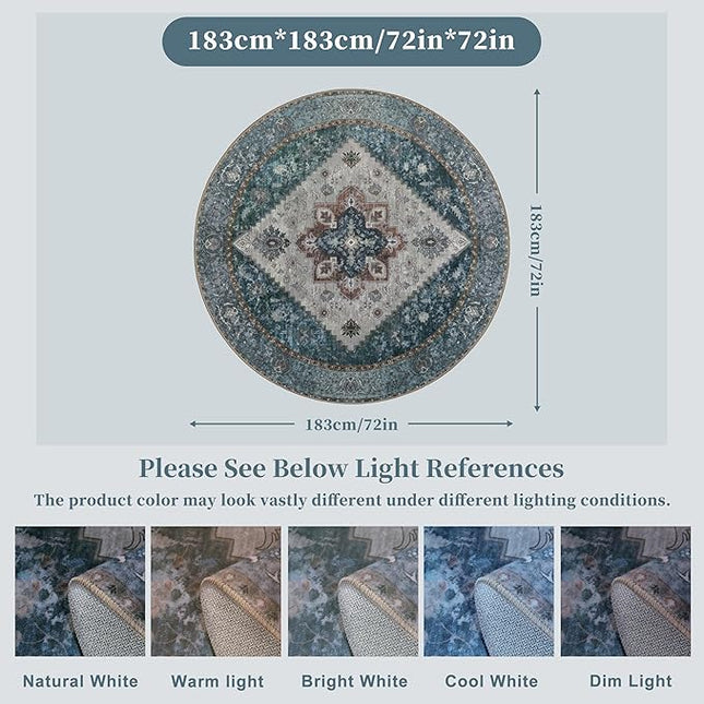 Ciicool Boho Circle Area Rug Washable 6x6ft Round Bedroom Rug Non-Slip Oriental Throw Rug Low-Pile Floor Carpet for Dining Room Living Room
