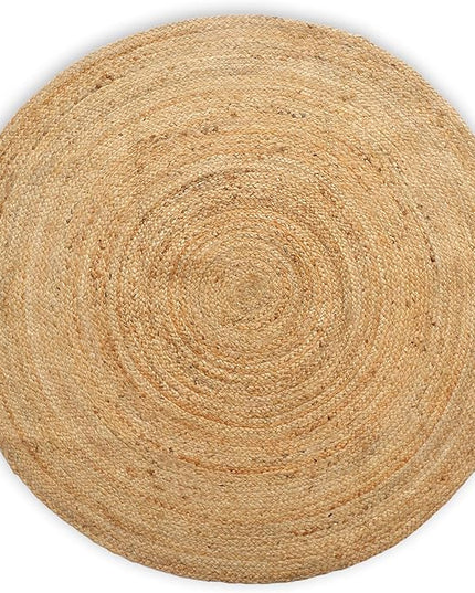 Hand Woven Jute Area Rug - 5' Round - Rustic Beige Reversible Farmhouse Rugs for Bedroom, Kitchen, Living Room - Vintage Natural Braided Entry Floor Décor Circle Boho Round Jute Rug 5 Foot