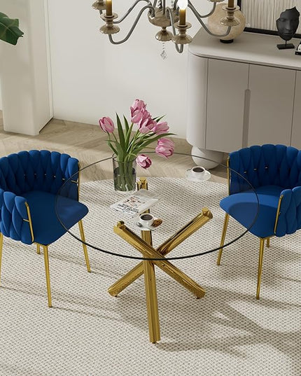 3 Pieces Round Glass Dining Set, 2 Person Modern Luxury Circle Kitchen Table Set, 36'' Clear Minimalist Circular Glass Top Dinner Room Set with Navy Blue Woven Chair, for Small Place (Golden)