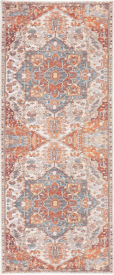 GLN Rugs Traditional Collection - Machine Washable Area Rug, Traditional Washable, Non Slip, Low Pile Chenille Rug, Living Room, Bedroom, Kitchen Rug (2'6"x7' Cream/Terra)