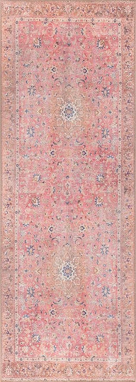 GLN Rugs Traditional Collection - Machine Washable Area Rug, Traditional Washable, Non Slip, Low Pile Chenille Rug, Living Room, Bedroom, Kitchen Rug (2'6"x10' Pink Vintage)