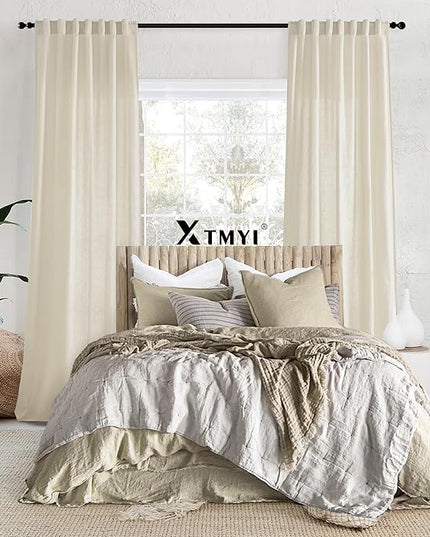 XTMYI 63 Inches Long Beige Country Curtains for Living Room,Sheer Linen Curtains for Bedroom