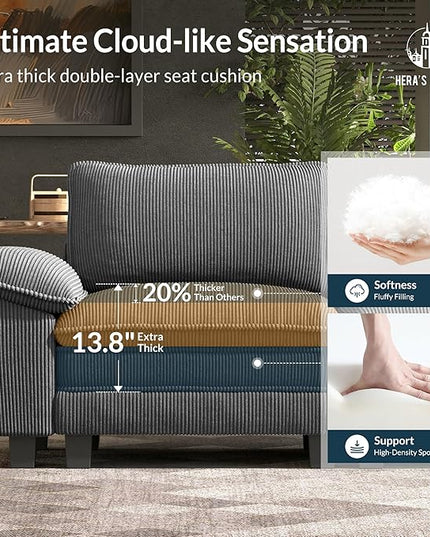 HERA'S HOUSE 124" Modular Sectional Sofa, Oversized Couches for Living Room, Comfy Cloud Couch 3-Seater Deep Seat Sofa with Throw Pillow, Corduroy Grey