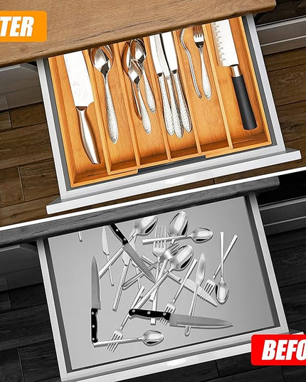 Bellsal Silverware Organizer Kitchen Drawer Organizer Expandable Bamboo Utensil Holder Cutlery Tray for Kitchen Utensil and Flatware Bedroom Office