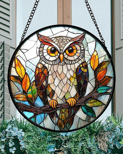 Stained Glass Window Hanging, Owl Colorful Leaves Birds Sun Catchers Diamond Glass Panel Hangings Suncatcher Decor for Birthday for Women, Men, Wife, Aunt, and Mom 14.9x14.9 in