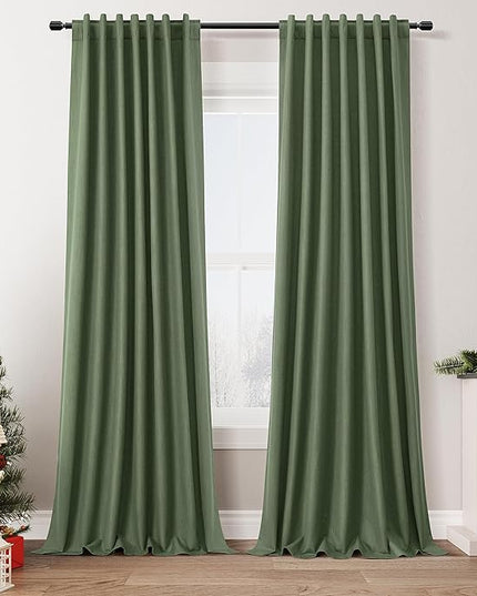 Guken Olive Green Blackout Curtains 102 Inch Length 2 Panels Set for Living Room Bedroom Back Tab Thermal Insulated 100% Black Out Linen Drapes Room Darkening Window Curtains 102 Inches Long