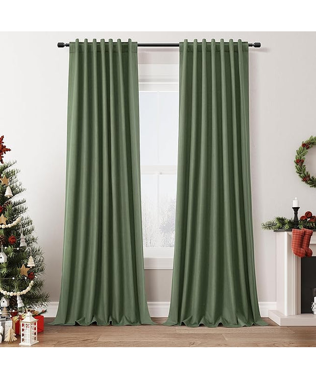Guken Olive Green Blackout Curtains 102 Inch Length 2 Panels Set for Living Room Bedroom Back Tab Thermal Insulated 100% Black Out Linen Drapes Room Darkening Window Curtains 102 Inches Long