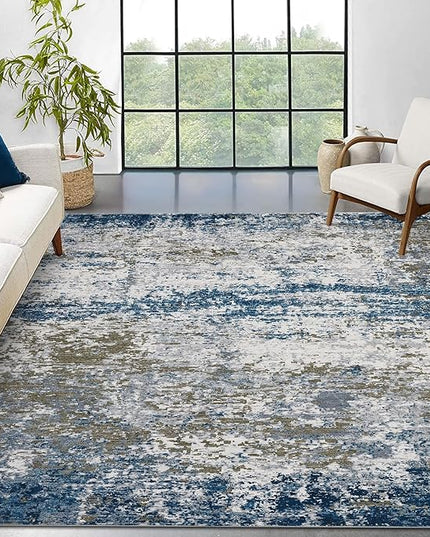 9x12 Modern Abstract Accent Rug Non Slip Stain Resistant Throw Rug Low Pile Washable Indoor Floor Cover for Living Room Bedroom Office Home Decor, Navy