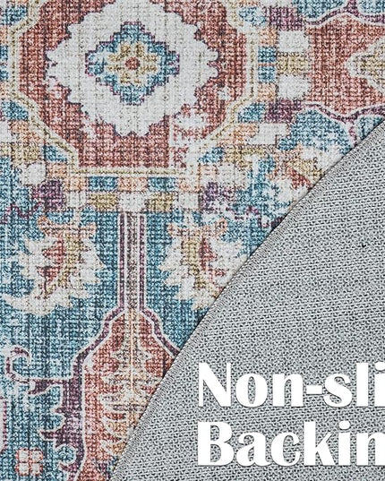 jinchan Round Rug 4ft Area Rug - Machine Washable 4'Circle Vintage Floral Non-Slip with Rubber Backing Ultra-Thin Low-Pile Carpet for Living Room Dining Room Entryway (4'Round, Rusty Red/Blue)