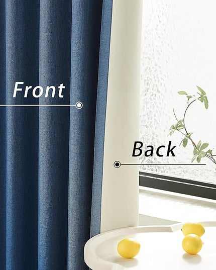 DUALIFE Full Blackout Blue Curtains 63 Inch Long Linen Textured Curtains Thermal Insulated Heat Blocking Noise Reducing Vintage Drapes for Nursery Bedroom Rod Pocket&Back Tab 2 Panels 50W x 63L