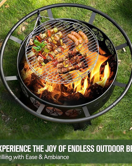 38” Wood Burning Fire Pits for Outside,3-in-1 Fire Pit with Grill, Spark Screen & Fire Poker,Outdoor Firepit Table with Swivel Cooking Grate for Yard BBQ Bonfire Patio Camping (38 inch)