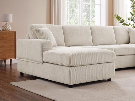 VANOMi 118'' U Shaped Sectional Sofa Couch, Corduroy Fabric Modern Cozy Jumbo Size 4-Seater Living Room Couch, Double Chaise Longue, Beige