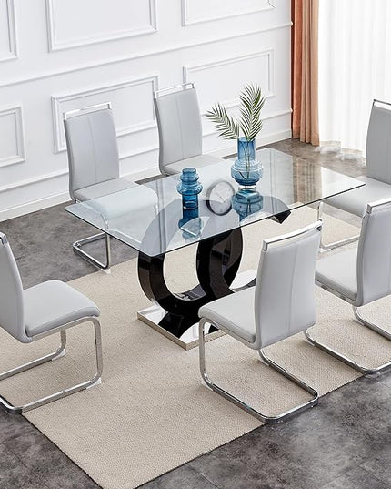 Ebullient Glass Dining Table Set for 6 ，7 Piece Dining Table Set,Tempered Glass Table Top，Modern Dining Room Table with 6 PU Leather Ergonomic Dining Chairs