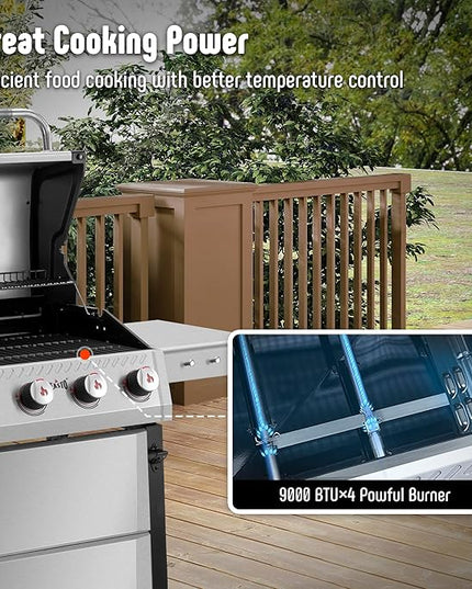 All Stainless Steel 4+1 Burner Gas BBQ Grill, Outdoor Propane Grill with Premium Enameled Coated Chamber Body & Porcelain-Enameled Cast lron Grates, 48,000 BTU