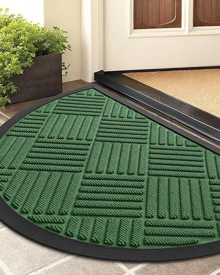 Smiry Half Circle Front Door Mat Outside Entrance, Heavy Duty Outdoor Indoor Natural Rubber Doormat, Non Slip, Trap Dirt and Moisture, Easy Clean, Low Profile Patio Porch Entryway Mat, 29.5x17, Green
