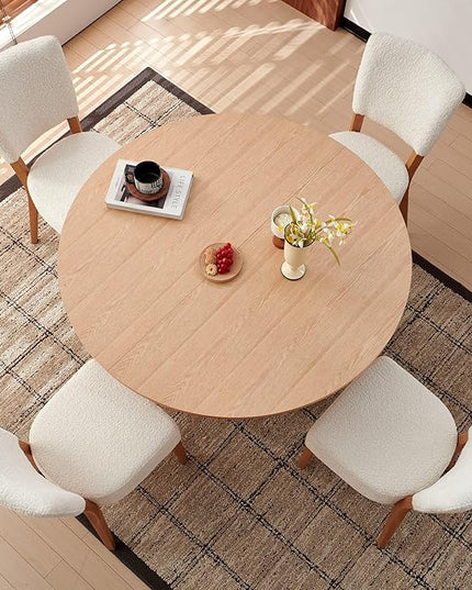 47 Inch Round Dining Table Set for 4, Modern Mid Century Circle Kitchen Dinner Wood Table with 4 Upholstered Stackable Dining Room Chairs for Living Room Apartment, Oak & White