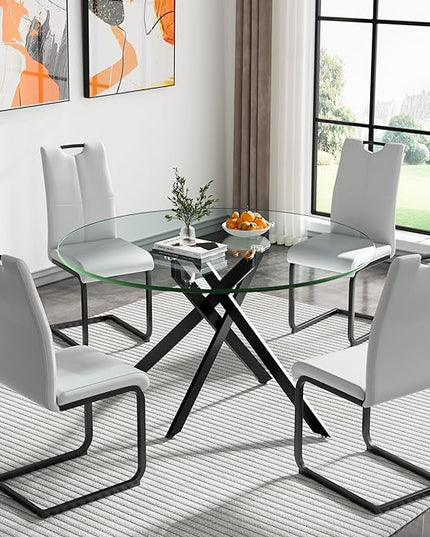HomVent 5 Piece Round Glass Dining Table Set, Round Glass Kitchen Table Set for 4 with 4 PU Upholstered Dining Chairs for Kitchen Dining Room