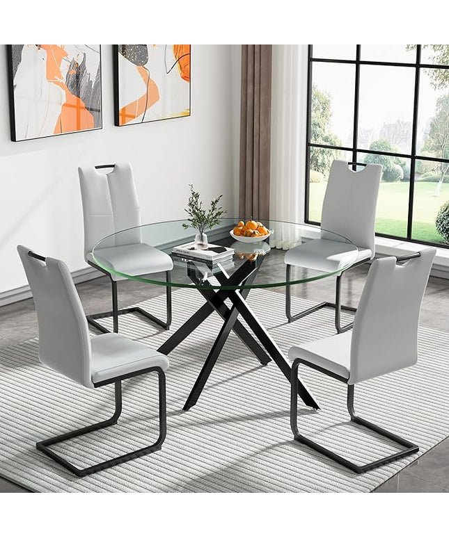 HomVent 5 Piece Round Glass Dining Table Set, Round Glass Kitchen Table Set for 4 with 4 PU Upholstered Dining Chairs for Kitchen Dining Room