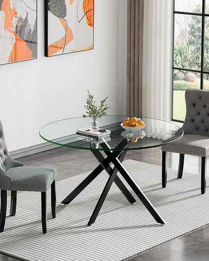 HomVent 3 Piece Round Glass Dining Table Set, Tempered Glass Dinner Table Set for 2 Kitchen Table Set with 2 Velvet Upholstered Chairs for Kitchen Dining Room