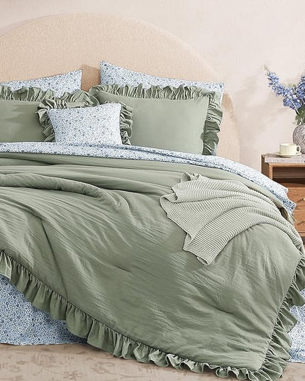 Queen Comforter Set - 7 Pieces Ruffle Sage Green Bedding Sets, Shabby Chic Farmhouse Bed in a Bag Queen with Ruffle Comforter, Floral Sheets, Pillowcases & Shams