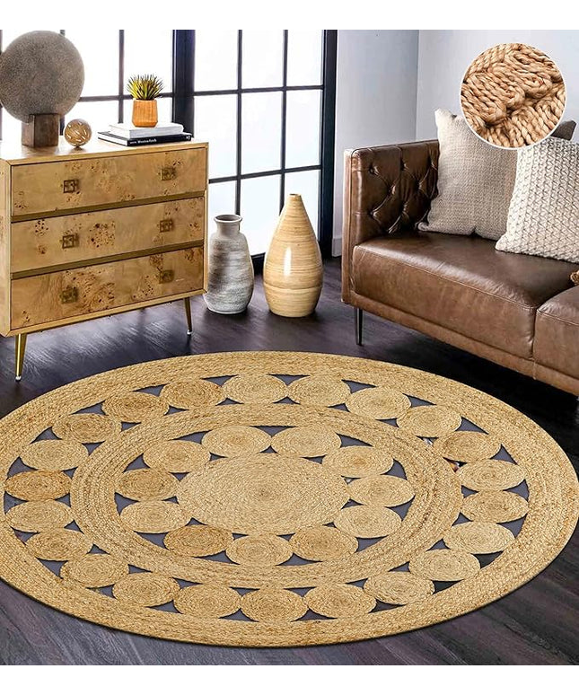 Hand Woven Jute Area Rug - 6' Round - Rustic Beige Reversible Farmhouse Rugs for Bedroom, Kitchen, Living Room - Vintage Natural Braided Entry Floor Décor Circle Boho Round Jute Rug 6 Foot