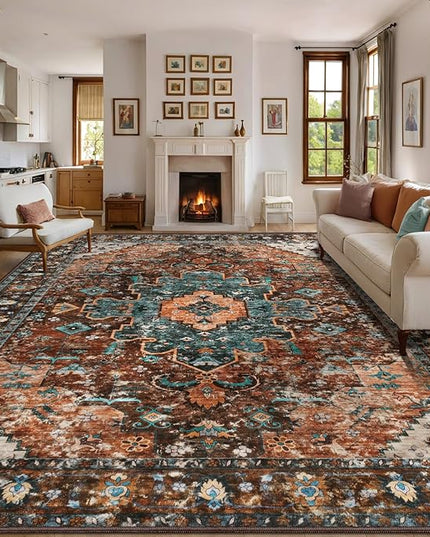 Ciicool 9x12ft Vintage Washable Area Rug,Large Oriental Throw Carpet,Non-Slip Low Pile Rug for Living Room, Bedroom, Dining Room, Office, Kitchen（Brick Red/Dull Teal）