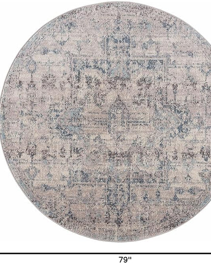 BoutiqueRugs Orrick Oriental Boho Vintage Area Rug - Farmhouse Traditional Patterned Carpet for Living Room, Bedroom - Pale Blue, Aqua, Cream, Brown - 6'7" Round